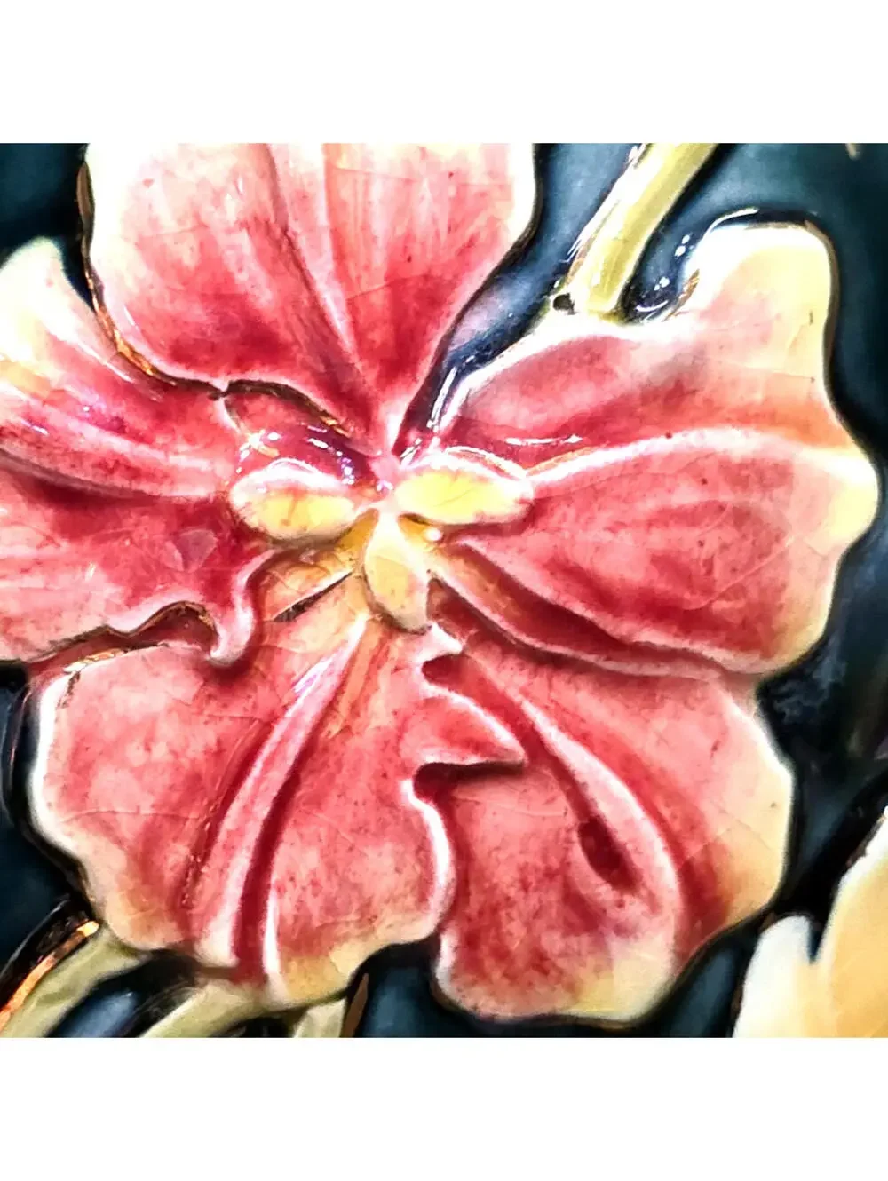 Antique Art Nouveau Majolica Floral Footed Ewer Pitcher Vase 12 inch Signed